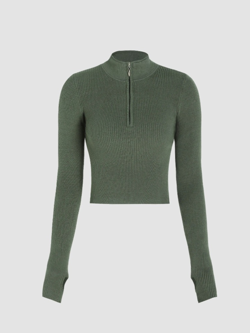 Ribbed Half-Zip Cropped Sweater Top - Olive